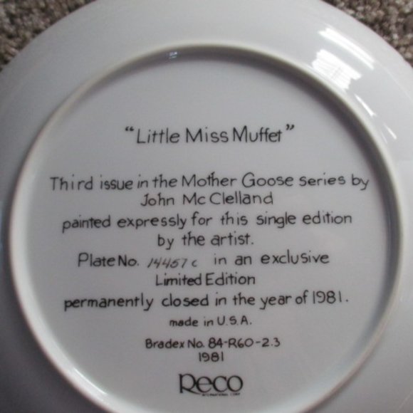 Little Miss Muffet Mother Goose 1981 Reco Collectible Plate J. McClelland w/Box - Picture 4 of 5